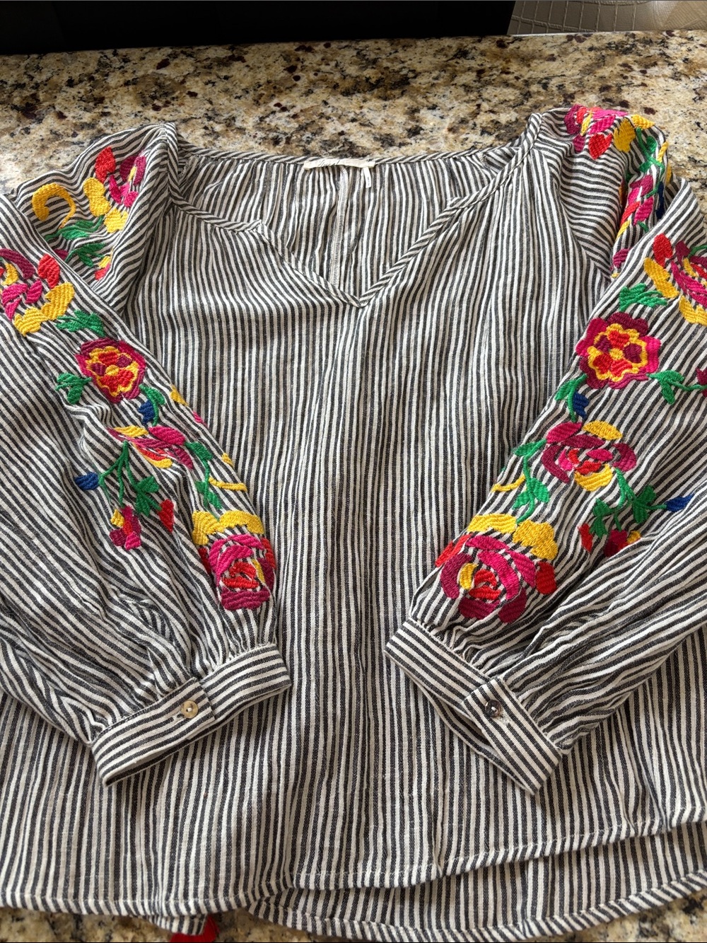 Anthropologie V-Neck Peasant Top with Floral Embroidered Sleeves - Black/White